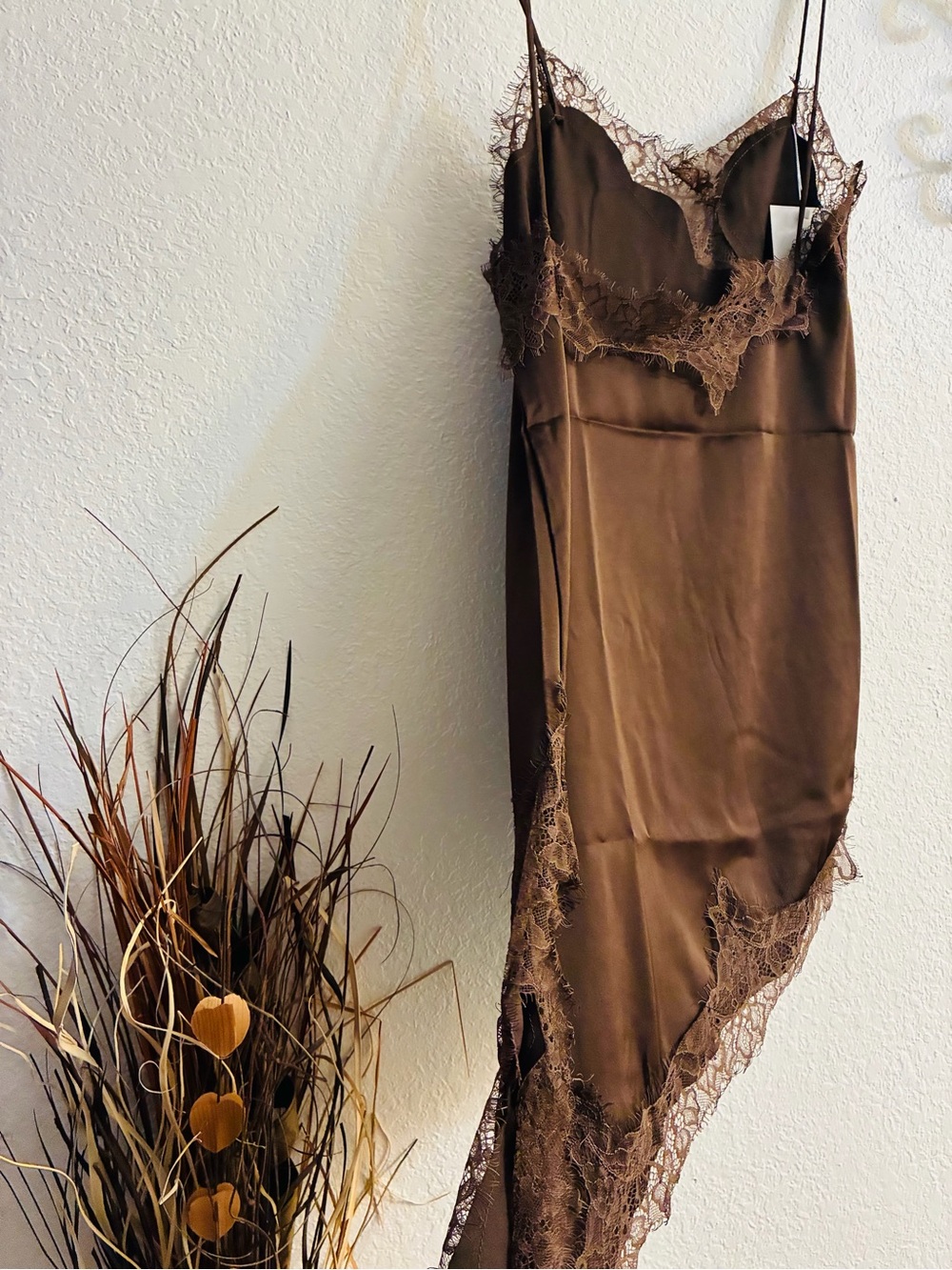 Silky Brown Lace Trim Slip Dress